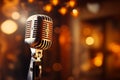 Music concept Retro microphone on stage with bokeh background Royalty Free Stock Photo