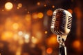 Music concept Retro microphone on stage with bokeh background Royalty Free Stock Photo