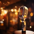 Music concept Retro microphone on stage with bokeh background Royalty Free Stock Photo