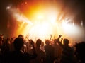 Music concert, band or silhouette audience with music, rock and live performance, energy and festival with men or women Royalty Free Stock Photo