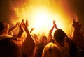 Music, concert and crowd with light, clapping for live performance, rock event and band on stage at night. People