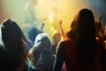 Music concert, crowd and people singing at night performance for gen z festival with party lights, dancing and cheers Royalty Free Stock Photo