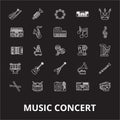 Music concert editable line icons vector set on black background. Music concert white outline illustrations, signs Royalty Free Stock Photo