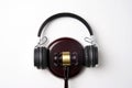 Music copyright law concept. Headphones and judge gavel