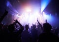 Music, dance and party with crowd at concert for rock, live band performance and festival show. New year, celebration Royalty Free Stock Photo