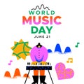 Music day banner trendy musical girl playing piano