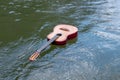 Music does not sink. An acoustic guitar floats in a river, lake or other body of water. The concept of shipwreck, flood, tragedy