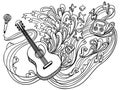 Music doodle guitar illustration with music decoration and elements on white background. Drawing design concept.