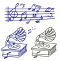 Music doodle. Set of music note and gramoph Royalty Free Stock Photo