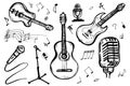 Music Doodle Vector Set. Hand drawn sketch of guitar and microphone isolated Royalty Free Stock Photo