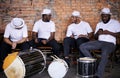 Music, drums or men in band on break or playing an instrument in a festival in Rio de Janeiro. Brazil, phone or group of