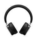 Music earphones. Realistic black stereo audio headphone, electronic personal big portable sound earbud, musical