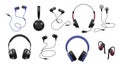 Music earphones. Realistic black stereo audio headphone, electronic personal small portable sound earbud set, musical