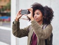 Music earphones, selfie and black woman in city taking pictures for travel memory outdoors. Profile picture, street and