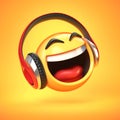 Music emoji with headphones isolated on yellow background, emoticon with earphones 3d rendering