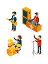 Music entertainment isometric. Singer rock musician crowd drummer violinist guitar drum musical keyboard synthesizer