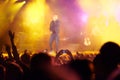 Music festival, audience and hands in crowd with band for concert, night club and cheering with light. Disco, party and