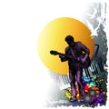 Music festival background for party, concert, jazz, rock festival design with musician, guitarist and flying birds