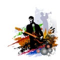 Music festival background for party, concert, jazz, rock festival design with musicians, guitarist and saxophone player