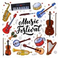 Music festival banner or poster design. Vector illustration. Hand drawn calligraphy, jazz and rock music instruments Royalty Free Stock Photo