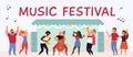 Music festival banner. Summer young people, vocal outdoor party. Modern happy musicians, flat park open air fest or