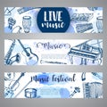 Music festival brochure flyer design. Music Instruments, Hand drawn illustration in doodle style. Drum, piaono, violin