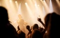 Music festival, concert or people singing at night performance for gen z party, nightclub lights and dancing. Rock band Royalty Free Stock Photo