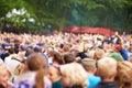 Music festival, crowd and outdoor dancing for celebration event party, listening disco in nature forest. People, concert Royalty Free Stock Photo