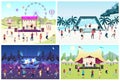 Music festival flat vector illustration set. Open air live performance. Rock, pop musician concert in park, camp. People having