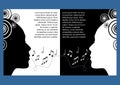 Music festival flyer, leaflet. Monochrome symmetric design, black and white. Woman face profile cut out, musical notes Royalty Free Stock Photo