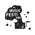 Music Festival, grunge sticker. Black texture silhouette of retro gramophone with lettering inside. Imitation of stamp Royalty Free Stock Photo