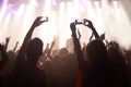 Music, festival and hands of audience with phone for pictures, celebration and enjoying night, concert or event. Party Royalty Free Stock Photo