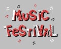 Music festival, handwritten lettering on background with musical notes. Print, illustration vector