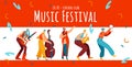 Music festival, hippie people character, flat vector illustration. Boho style, male, female with guitar, viola, trumpet.