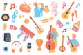 Music festival isolated objects set. Collection of musicians play saxophone, guitar, double bass, gramophone, microphone,
