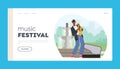 Music Festival Landing Page Template. Musician Performing Jazz Show On Street Playing Sax, Cartoon Vector Illustration