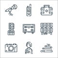 Music festival line icons. linear set. quality vector line set such as cigarette, music, camera, speaker, equipment, speaker, Royalty Free Stock Photo