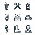 music festival line icons. linear set. quality vector line set such as dj, boots, microphone, tambourine, drum, ice cream, staff,