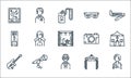 Music festival line icons. linear set. quality vector line set such as music, security guard, bass guitar, festival, microphone,