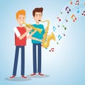 Music festival live with men playing saxophone and trumpet Royalty Free Stock Photo