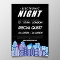 Music festival poster template night club party flyer with black background with buildind lighting back. Royalty Free Stock Photo