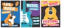 Music festival posters. Live acoustic guitar music concert poster, rock fest flyer and creative brochure template vector Royalty Free Stock Photo