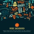 Music festival vector background. Can be used for printable concert promotion with lettering and doodle items. Royalty Free Stock Photo