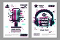 Music festival vector banner. Posters set with microphone and headphones. Online party background, electronic style