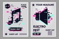 Music festival vector banner. Posters set with music note and audio. Party background, electronic style. Glitch trendy