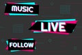 Music - Follow - Live. Background in the style of the social network. Dark modern digital background. Vector illustration Royalty Free Stock Photo