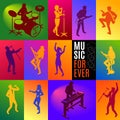 Music Forever Concept Poster and Banner with musicians, singers, fans silhouettes isometric icons on isolated multicolored backgro