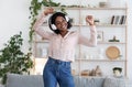 Music Fun. Joyful Black Woman Listening Her Favorite Songs And Dancing Royalty Free Stock Photo