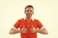 Music for good mood. Favorite band. Enjoying song. Audio track. Man handsome unshaven hipster listening music headphones