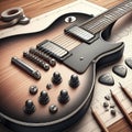 Music and guitar items on wooden background Royalty Free Stock Photo